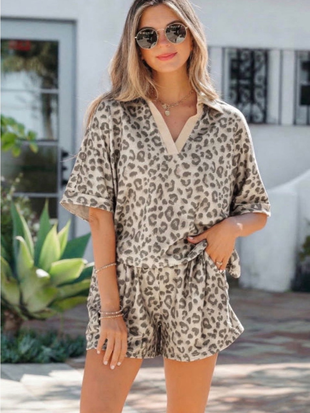 Women’s short set Leopard Print Polo and short Cream & Gray